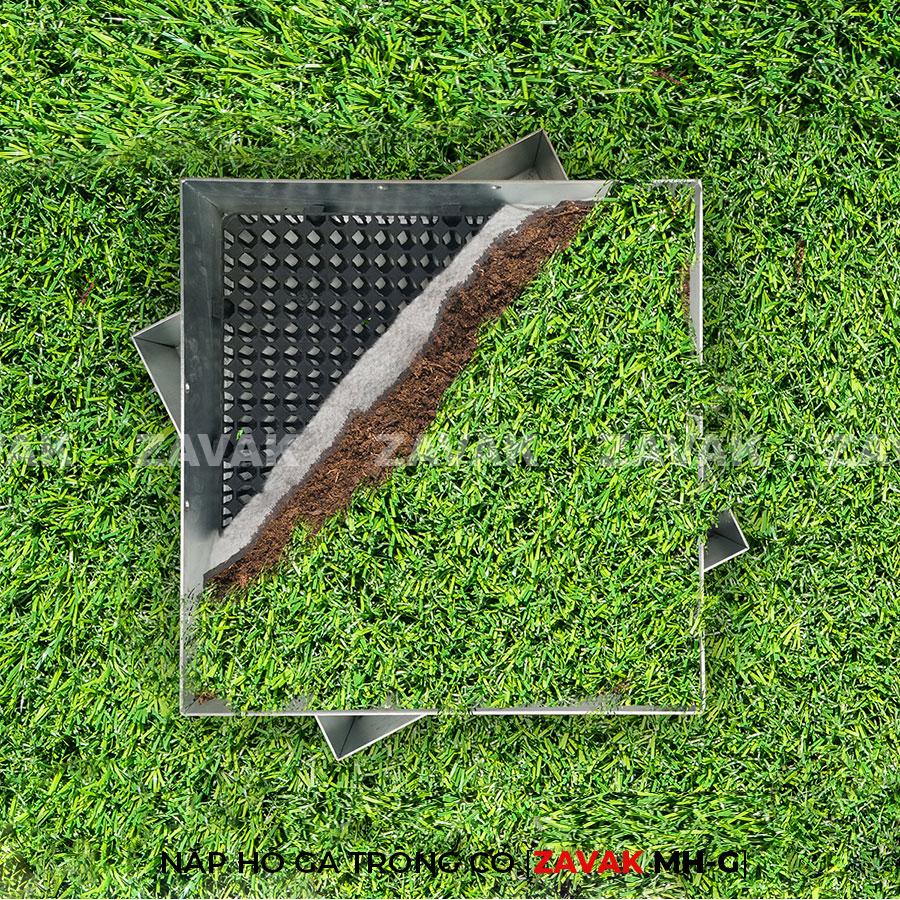 Nắp hố ga inox ZAVAK MH-G trồng cỏ lên trên bề mặt sử dụng làm nắp đậy hố ga thoát nước sân vườn kích thươc 50x50