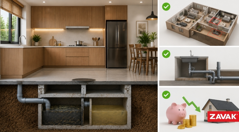 Xây bể phốt đặt dưới phòng bếp tối ưu diện tích