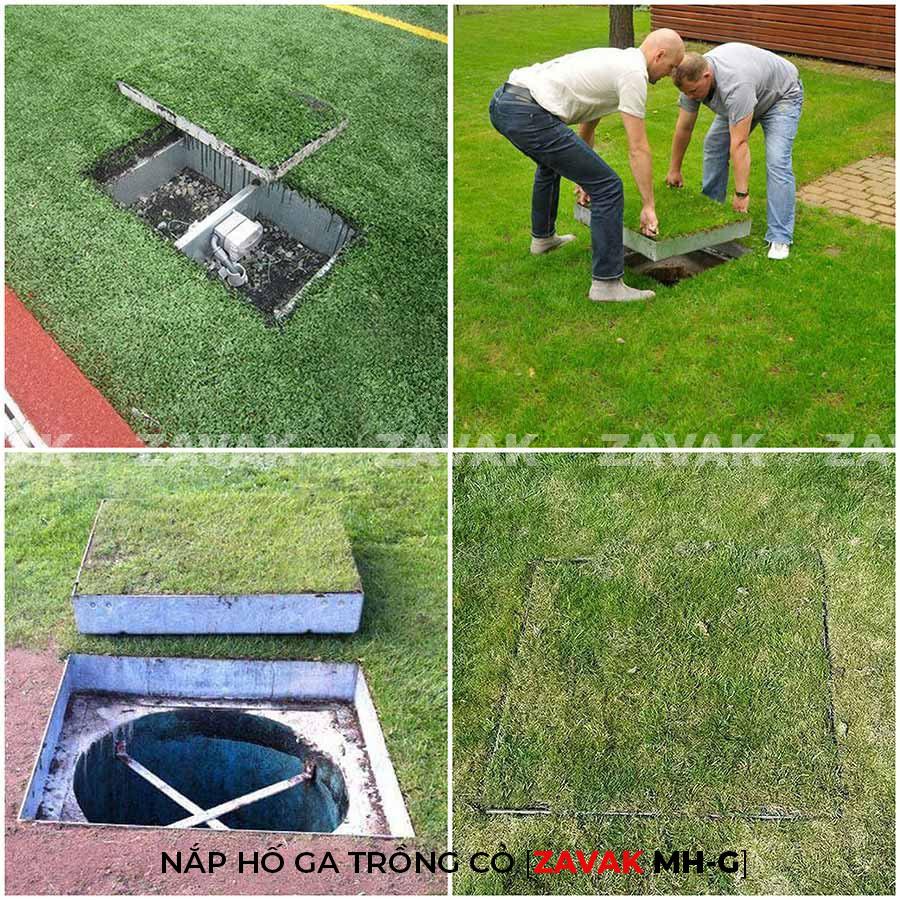Nắp hố ga bằng inox ZAVAK MH-G trồng cỏ lên trên bề mặt sử dụng làm nắp đậy hố ga thoát nước sân vườn thẩm mỹ tiện lợi