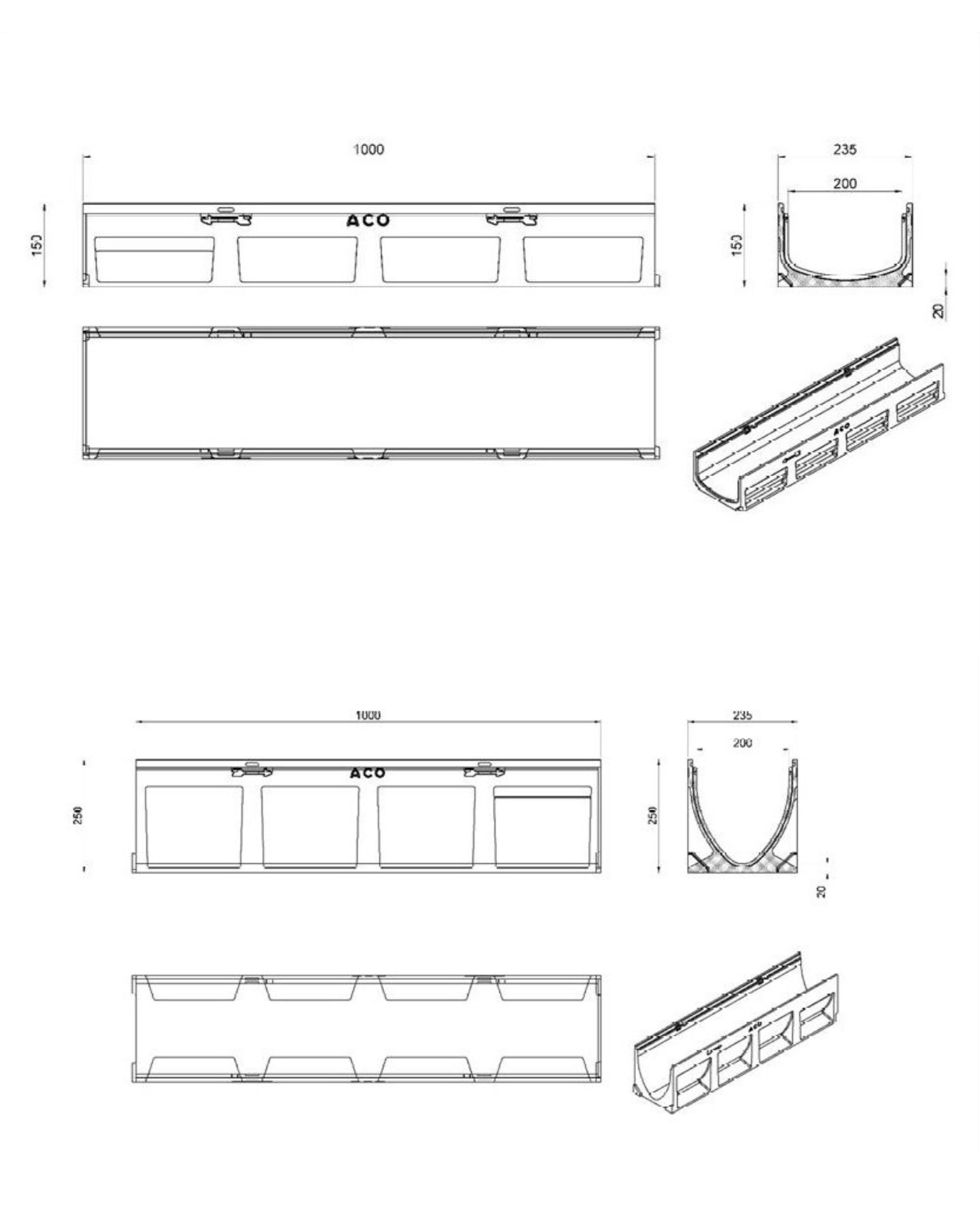 Bản vẽ Thân rãnh thoát nước Euroline E200 ACO