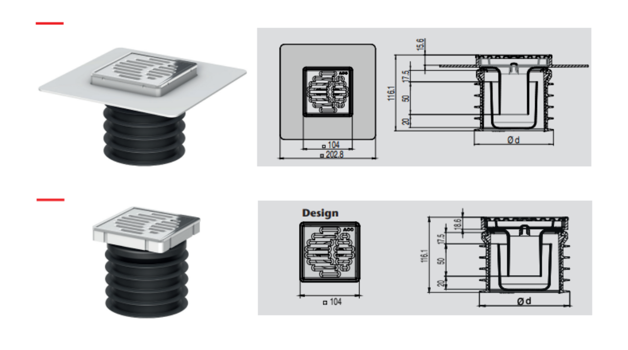 Bản vẽ kỹ thuật ga thoát sàn nhà vệ sinh ACO Passino