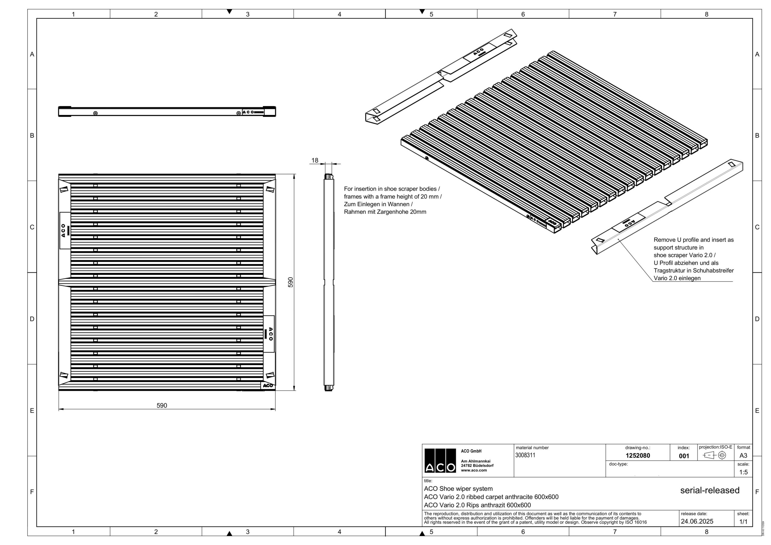 Bộ thảm vệ sinh giày âm sàn chống trượt ngoài trời ACO (Đức) Bản vẽ thảm sợi tổng hợp âm sàn chống trượt ngoài trời cao cấp ACO giúp vệ sinh giày