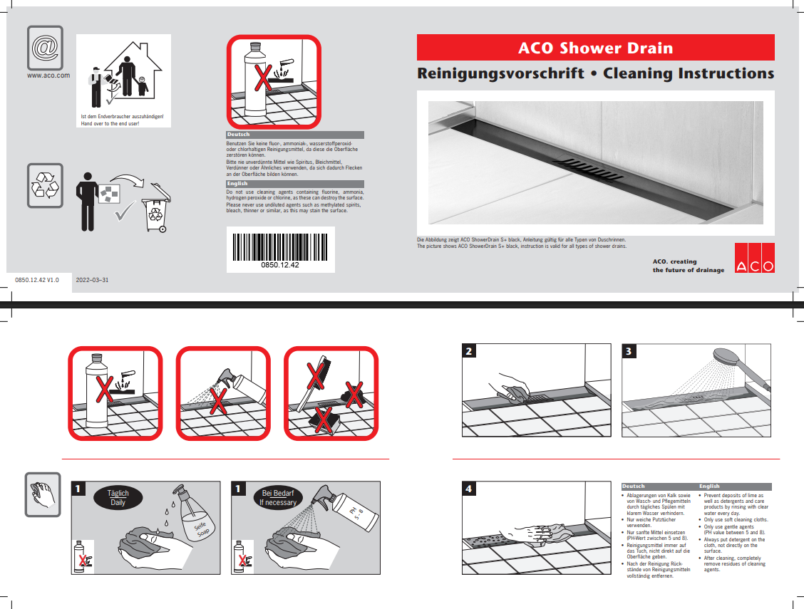 Ga thoát sàn tắm đứng dài chống thấm - cách âm ACO ShowerDrain S+ (Đức) Lưu ý khi vệ sinh ga thoát sàn dài ACO ShowerDrain S+