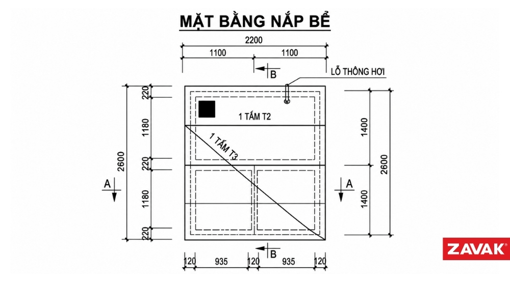 Bản vẽ mặt bằng nắp bể tự hoại 3 ngăn