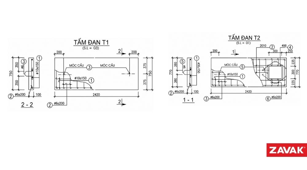 Bản vẽ tấm đan T1 và T2 bể phốt 3 ngăn