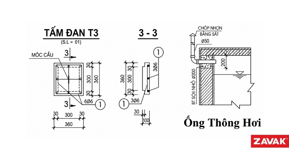 Bản vẽ tấm đan T3 và ống thông hơi bể phốt 3 ngăn