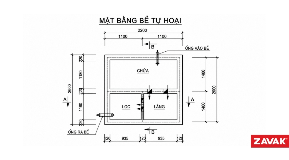 Bản vẽ thiết kế mặt bằng bể phốt 3 ngăn