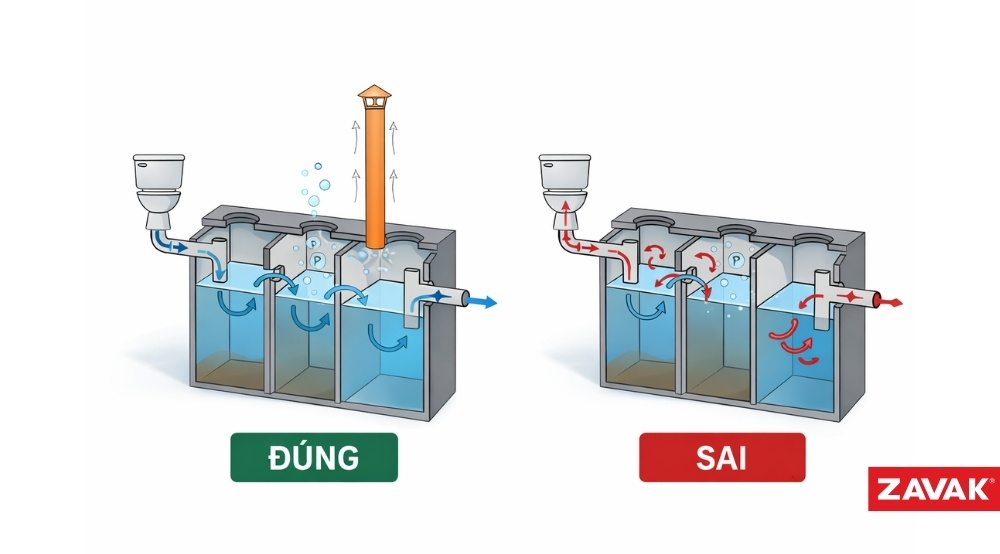 Cách đặt ống thông hơi bể phốt 3 ngăn