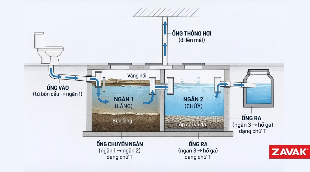 Cách đặt ống xả bể phốt 3 ngăn