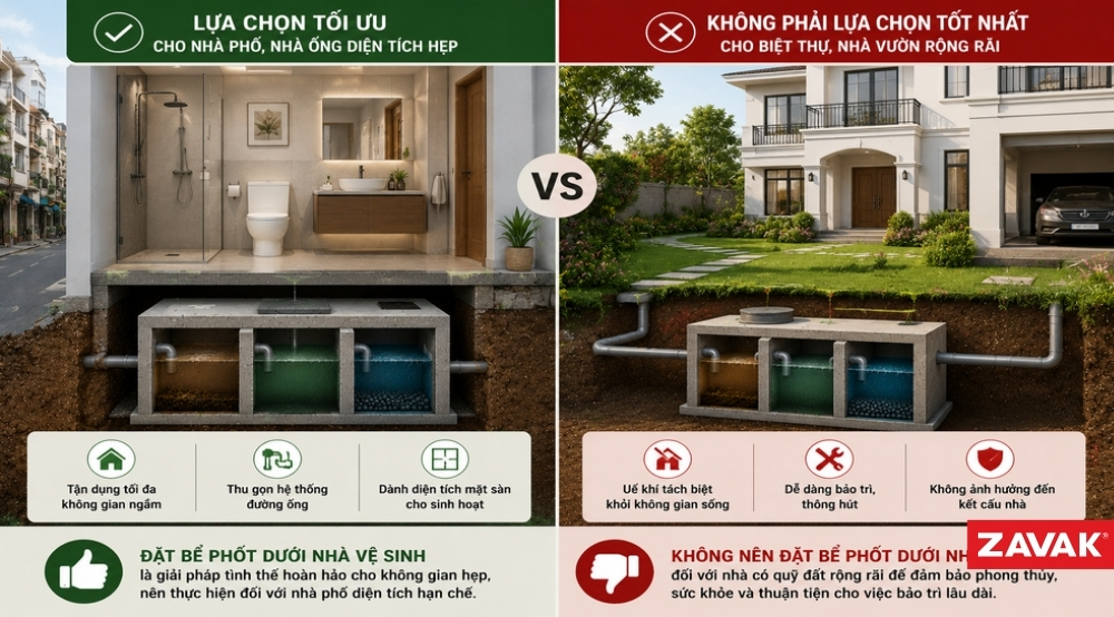 Việc có nên đặt bể phốt dưới nhà vệ sinh phụ thuộc nhiều yếu tố