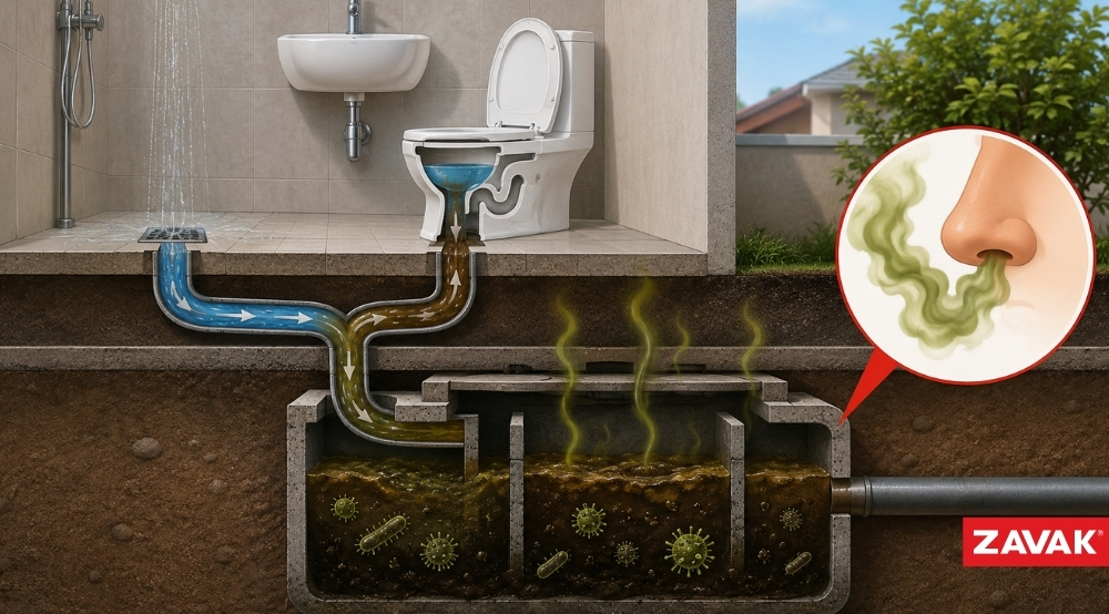 Đấu chung ống thoát sàn và bồn cầu khiến bể phốt có mùi hôi