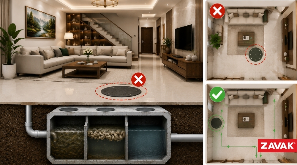 Không nên xây nắp bể phốt ngay chính giữa phòng khách