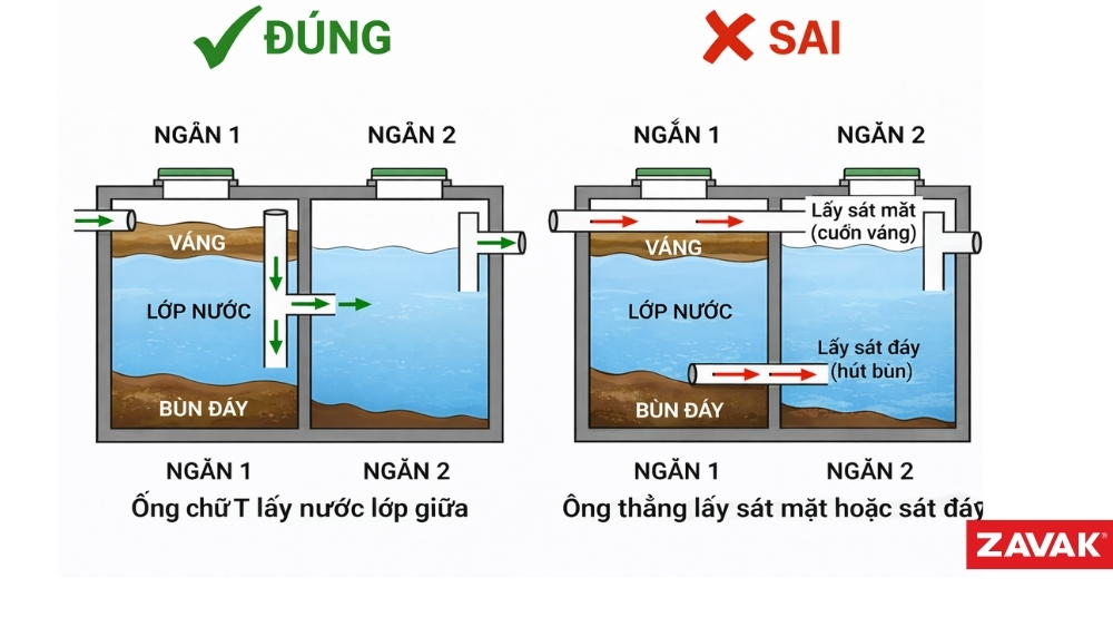 Ống thoát nước bể phốt ngăn 2 không được hút lớp váng nổi
