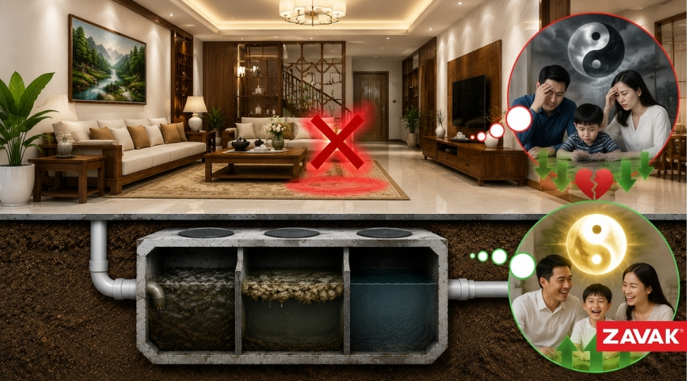 Phòng khách nằm trên bể phốt làm suy giảm vận khí tốt