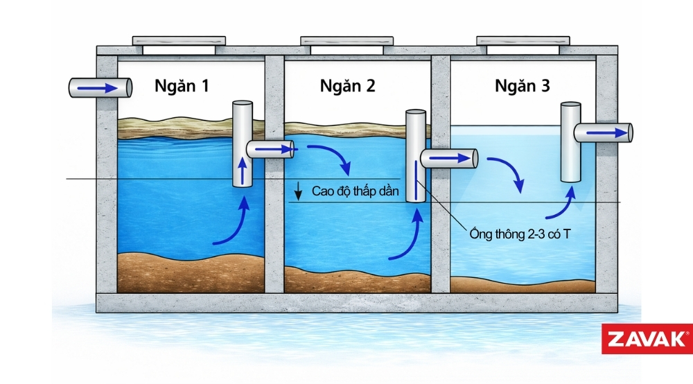 Sơ Đồ Đặt Ống Bể Phốt 3 Ngăn Tiêu Chuẩn