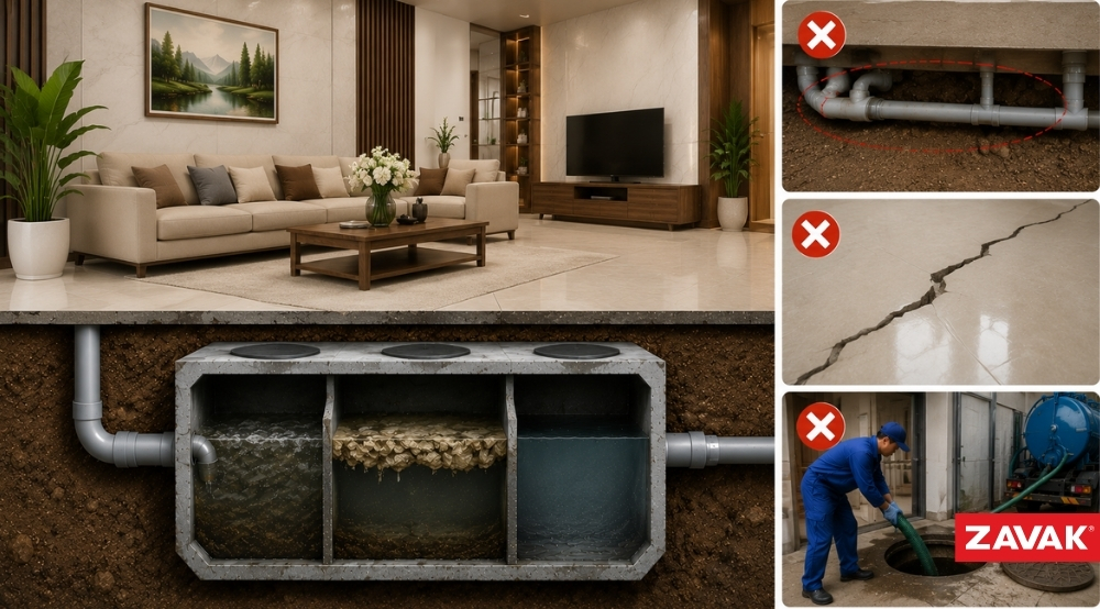 Đặt Bể Phốt Dưới Phòng Khách Có Sao Không? Xây bể phốt dưới phòng khách liên quan đến kết cấu kỹ thuật